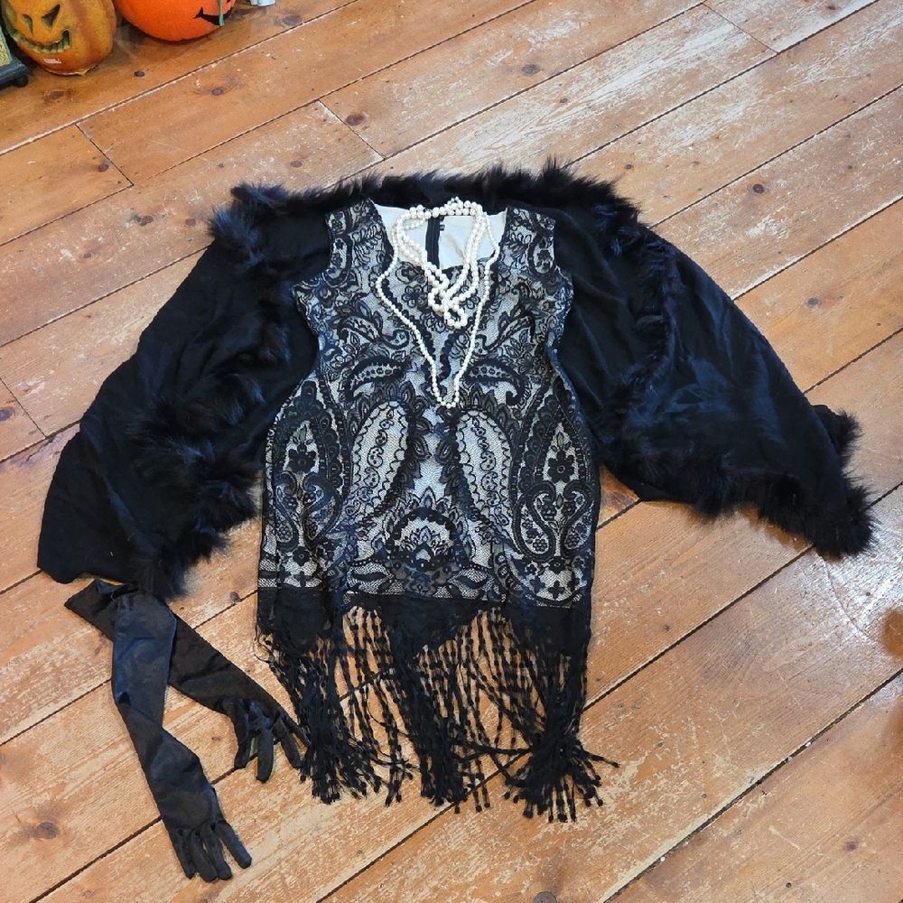 Roaring 20's Black Lace Flapper Dress Adult Med And‎ Accessories